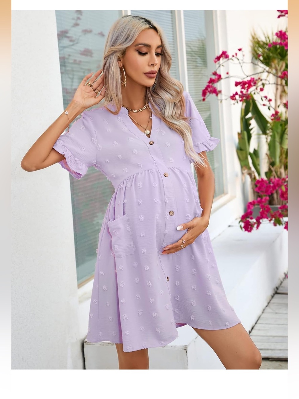 Lavender V-Neck Maternity Dress